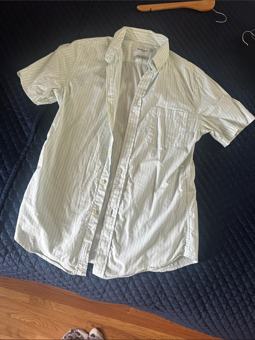 Goodfellow & Co Light Green and White Striped Short-Sleeve Button-Up Shirt
